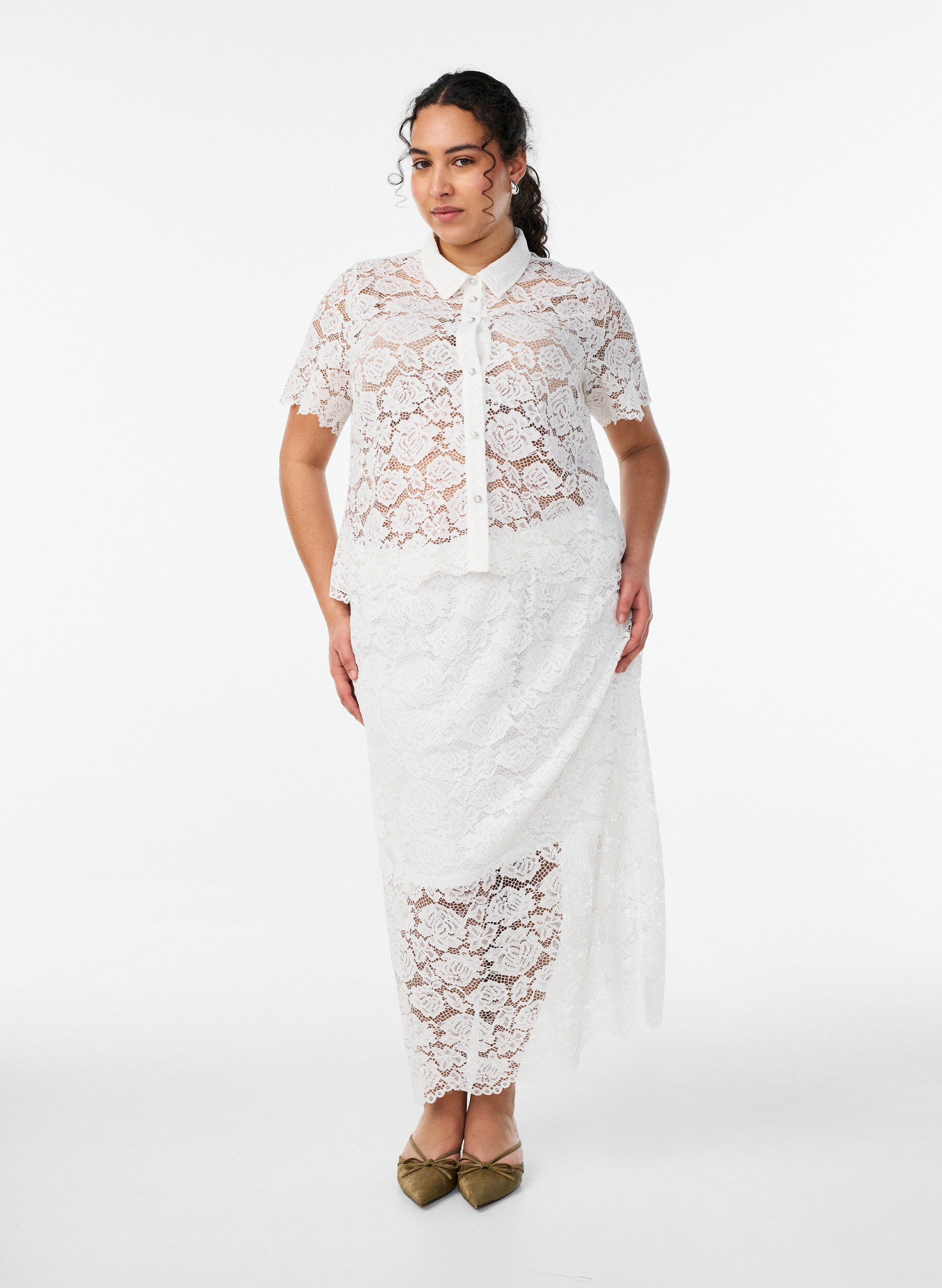 Zizzifashion Lace shirt blouse with pearl buttons, White, Model image number 1