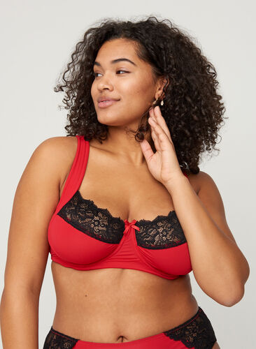 Underwired bra with lace, Lipstick Red, Model image number 0
