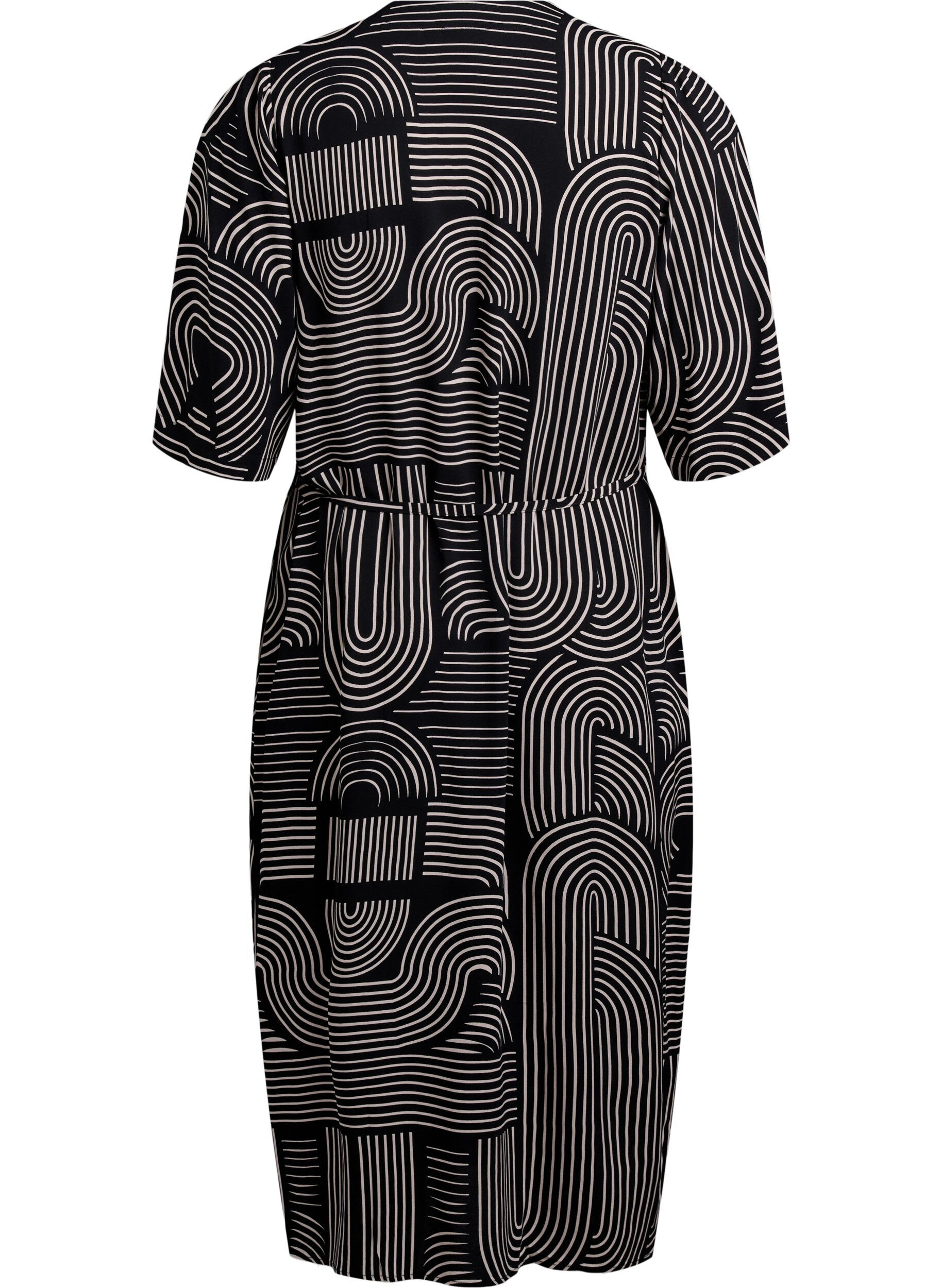 Zizzifashion FLASH - Midi dress with print and tie belt, Black, Packshot image number 1