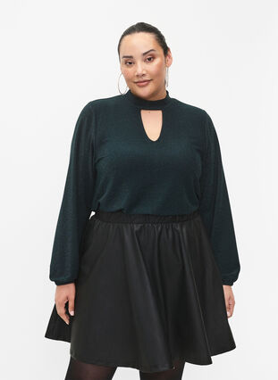 Long-sleeved glitter blouse with round neck and V-detail, Black Scarab, Model image number 0