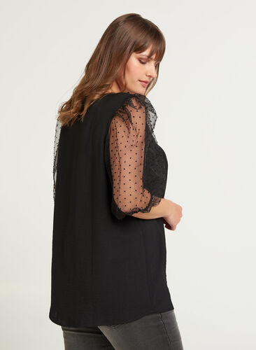 Blouse with transparent puff sleeves, Black, Model image number 1