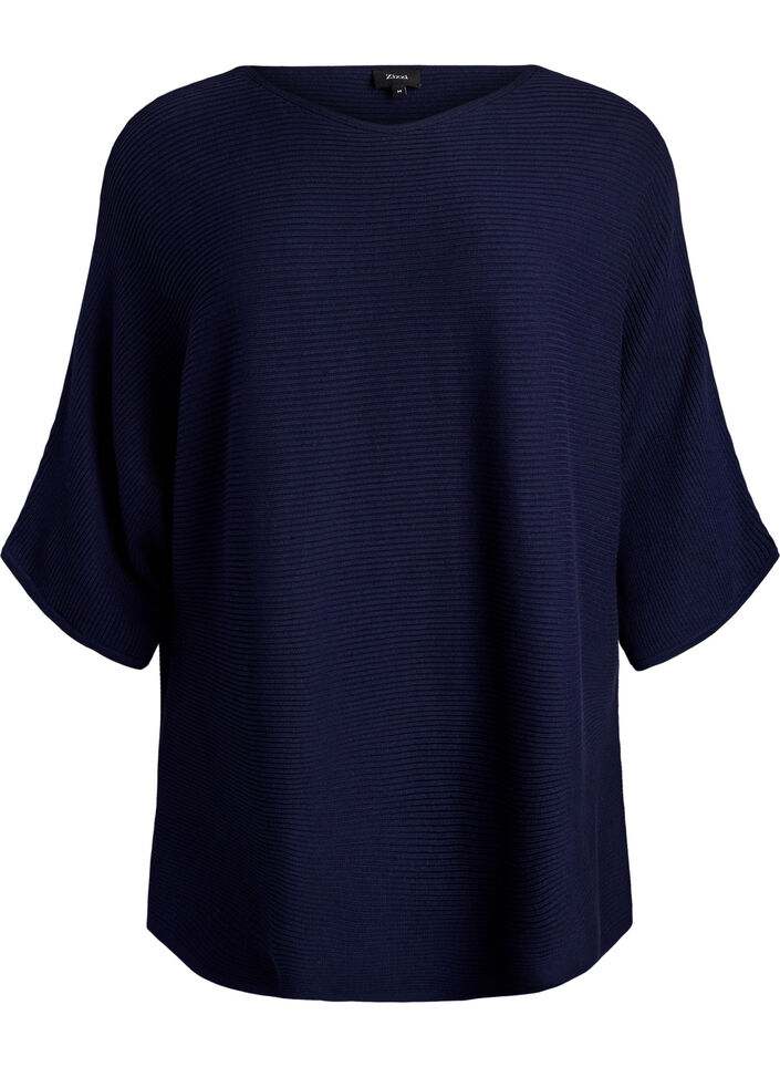 Knitted top with a boat neck and 1/2 sleeves, Blue, Packshot image number 0