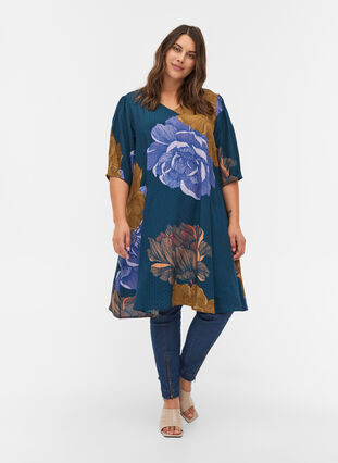 Short-sleeved, floral viscose dress, Reflecting Pond AOP, Model image number 2