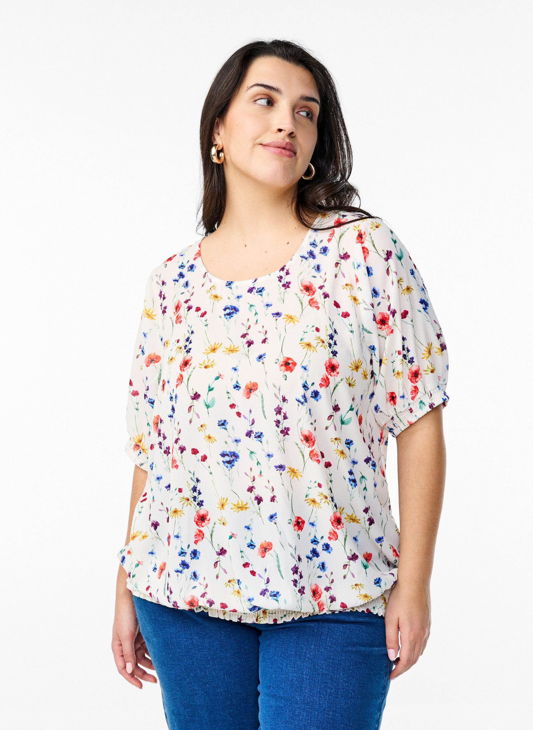 Zizzifashion Floral blouse with smocking, Blue, Model image number 0
