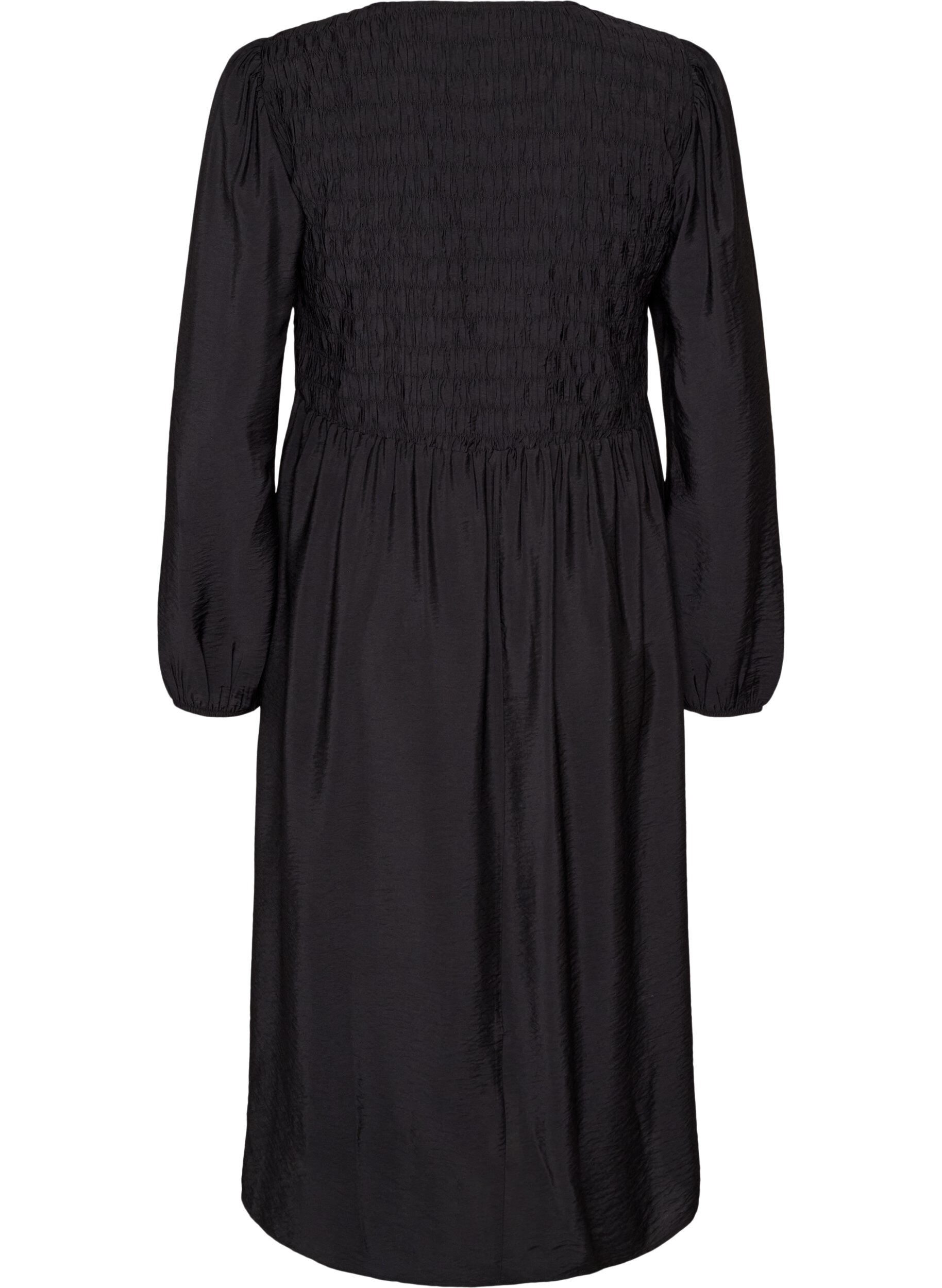 ZizzifashionMidi dress in viscose with smocking, Black, Packshot image number 1