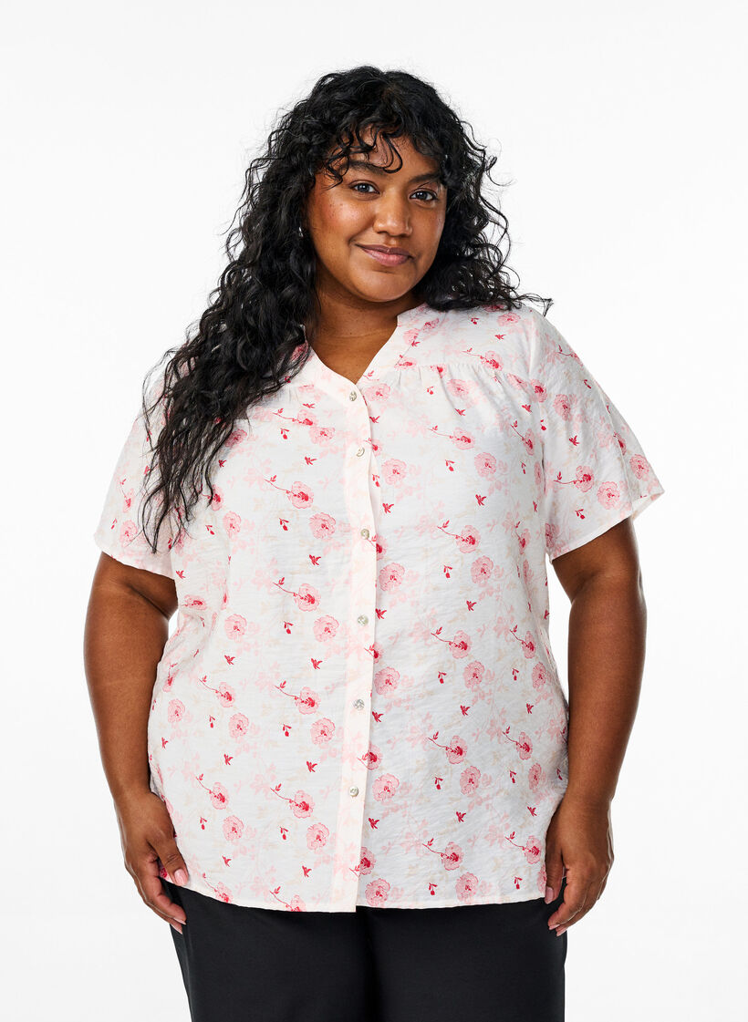 Shirt blouse with short sleeves and floral print, Rose, Model image number 0