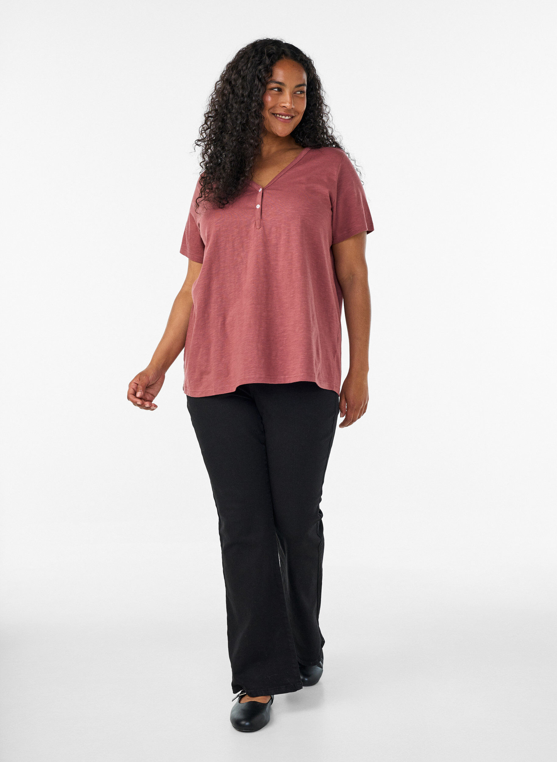 ZizzifashionT-shirt with button detail, Brown, Model image number 1