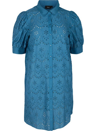 Shirt dress in cotton with broderie anglaise and puff sleeves, Midnight, Packshot image number 0