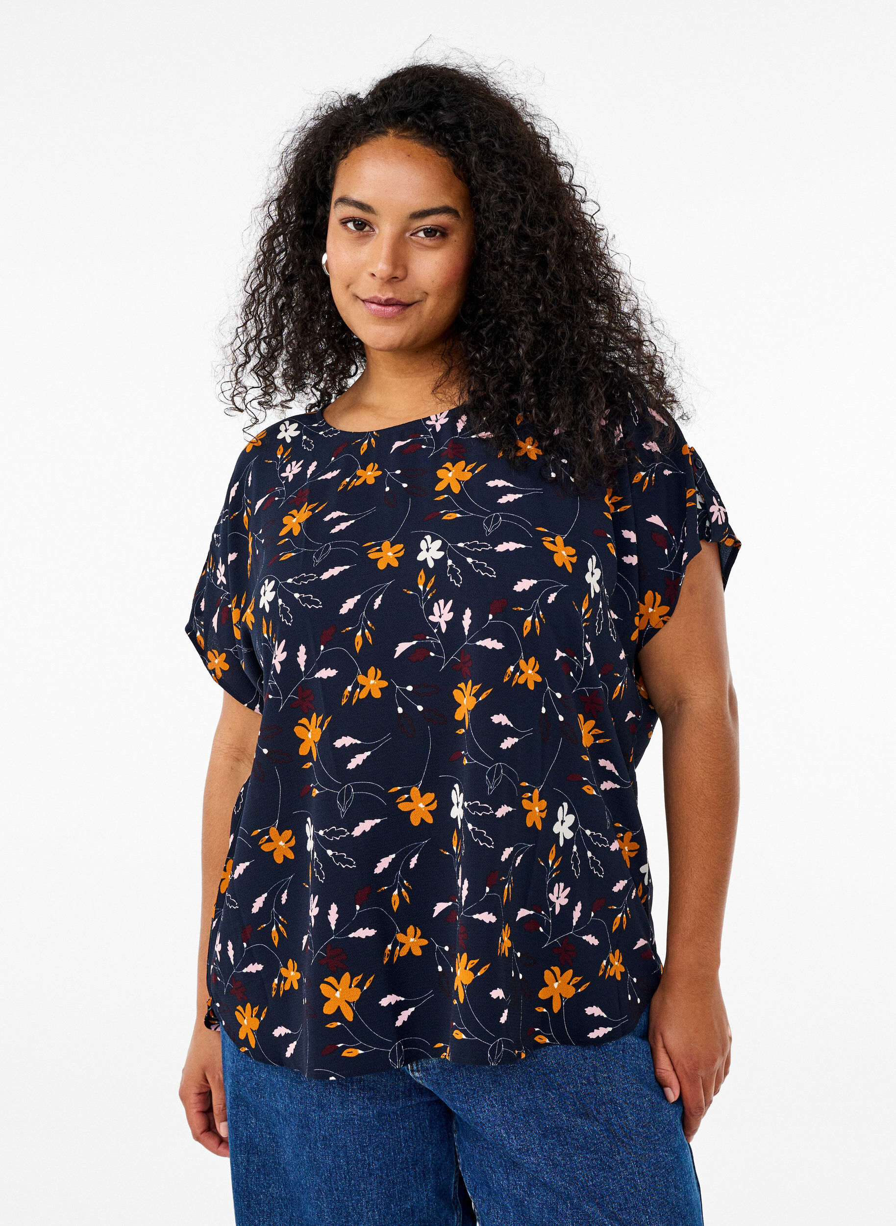 Zizzifashion Short-sleeved blouse with print, Sky Captain Flower, Model image number 0