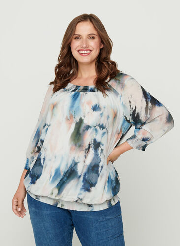 Printed smock blouse, Watercolor AOP, Model image number 0