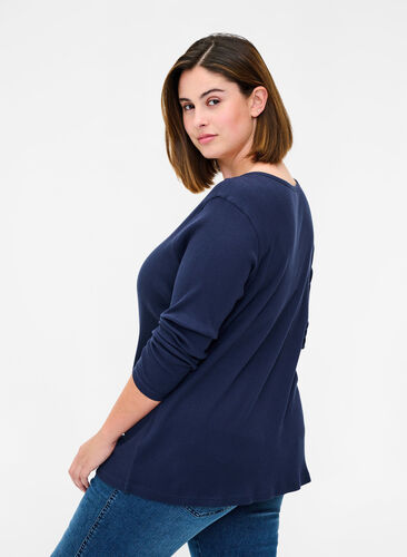 Plain cotton blouse with long sleeves, Navy Blazer, Model image number 1