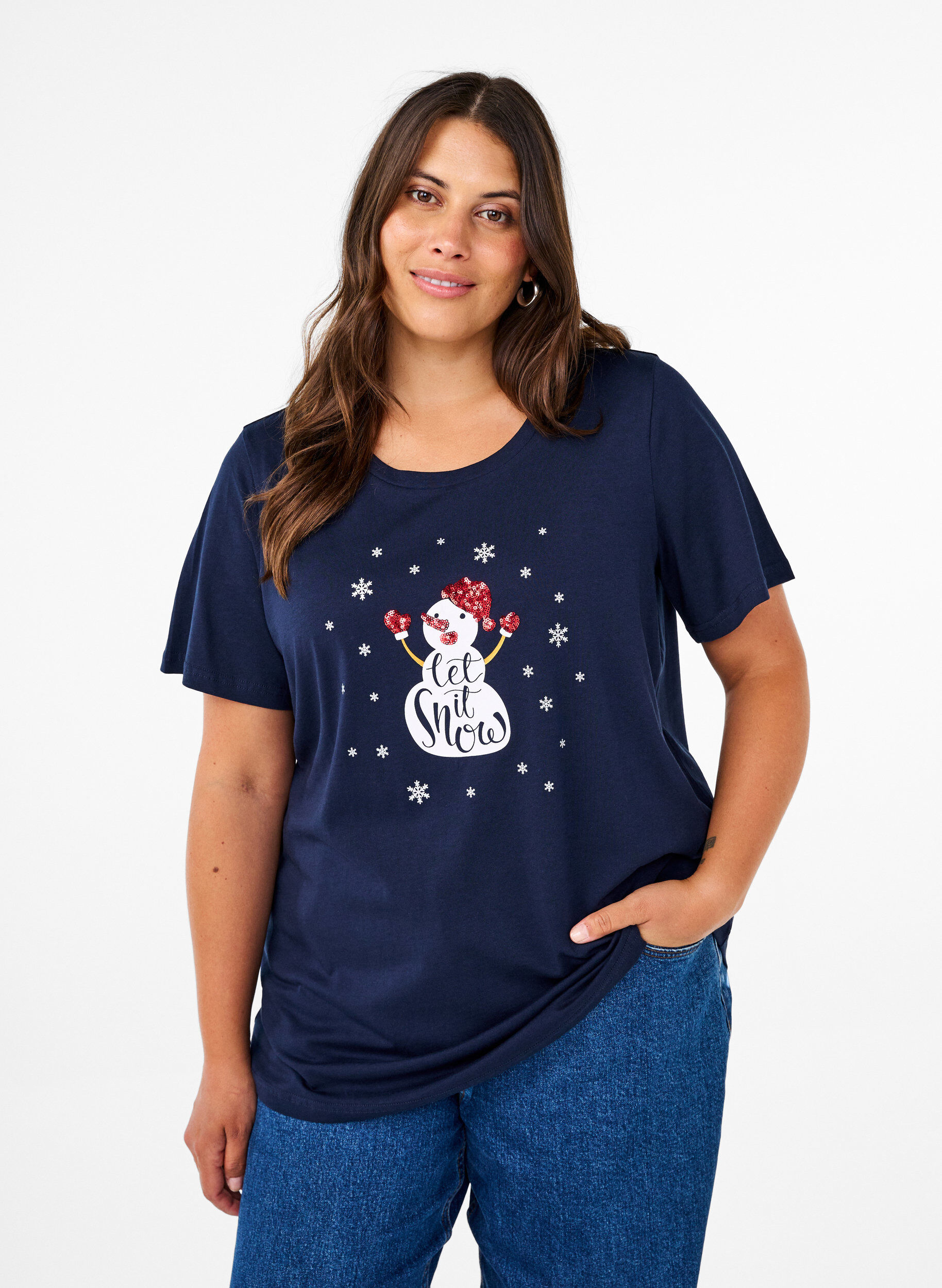 Zizzifashion Christmas t-shirts in 100% cotton, Navy B. w. LetItSnow, Model image number 0