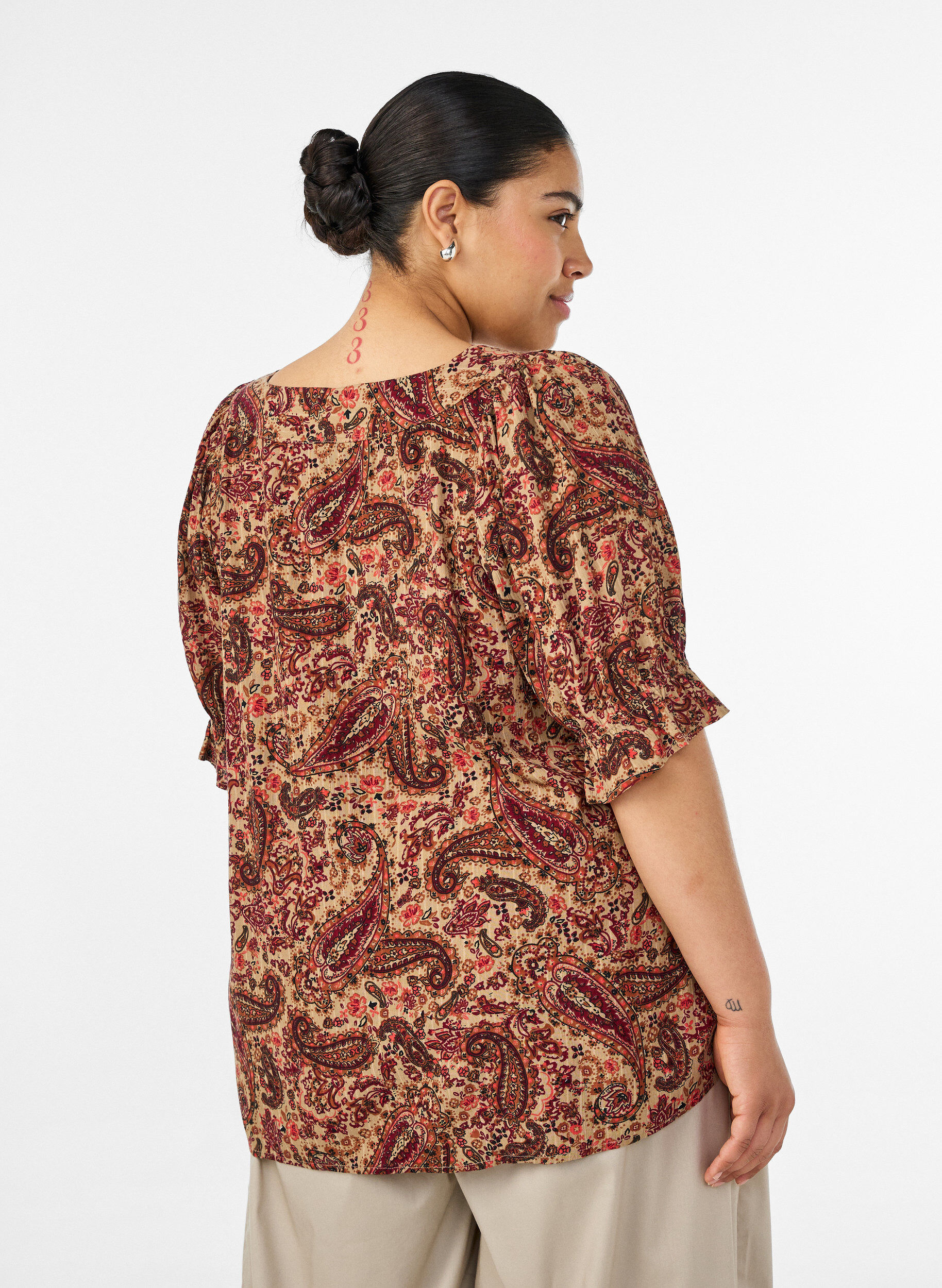Zizzifashion Viscose blouse with paisley print and a square neckline, Brown, Model image number 2