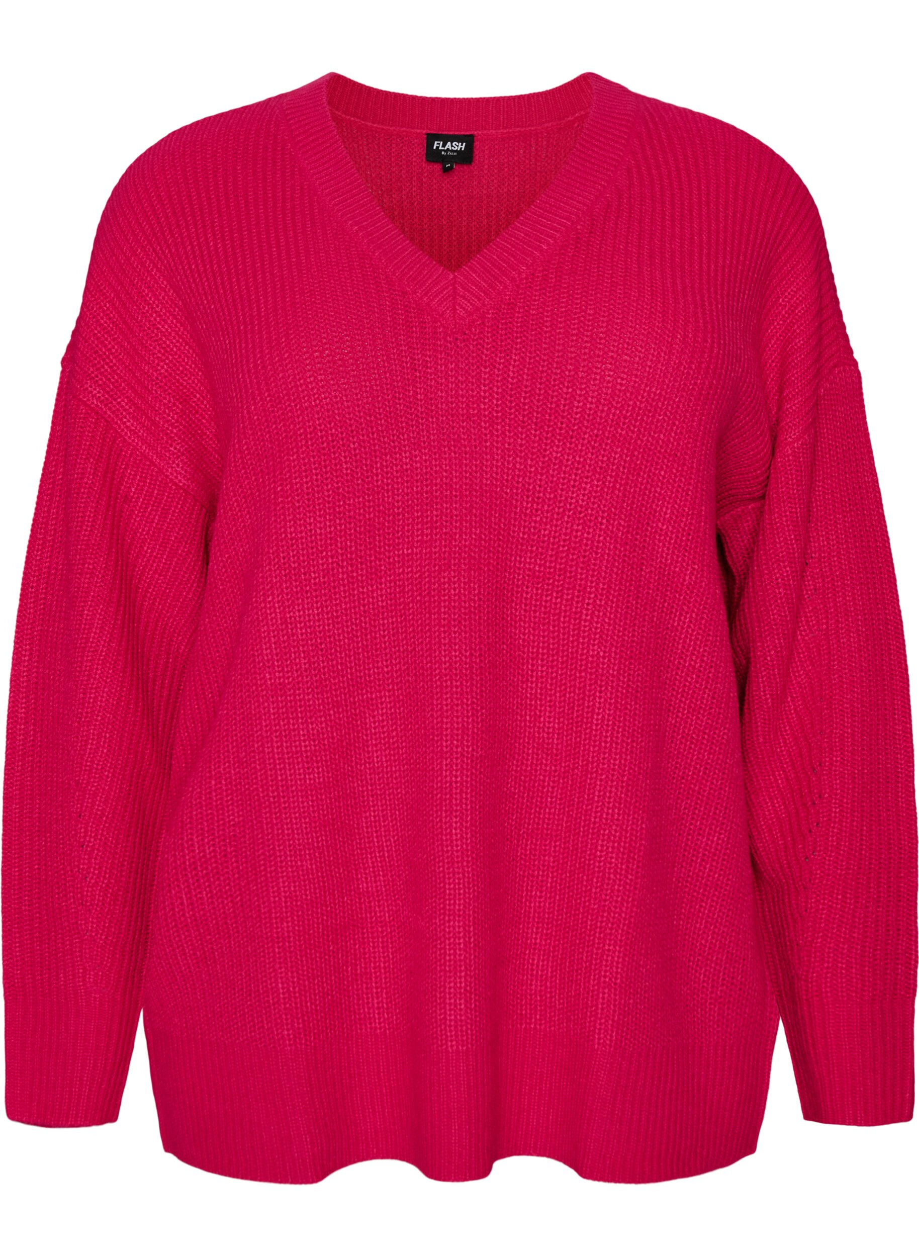 ZizzifashionLong rib-knit blouse with a V-neck, Pink, Packshot image number 0