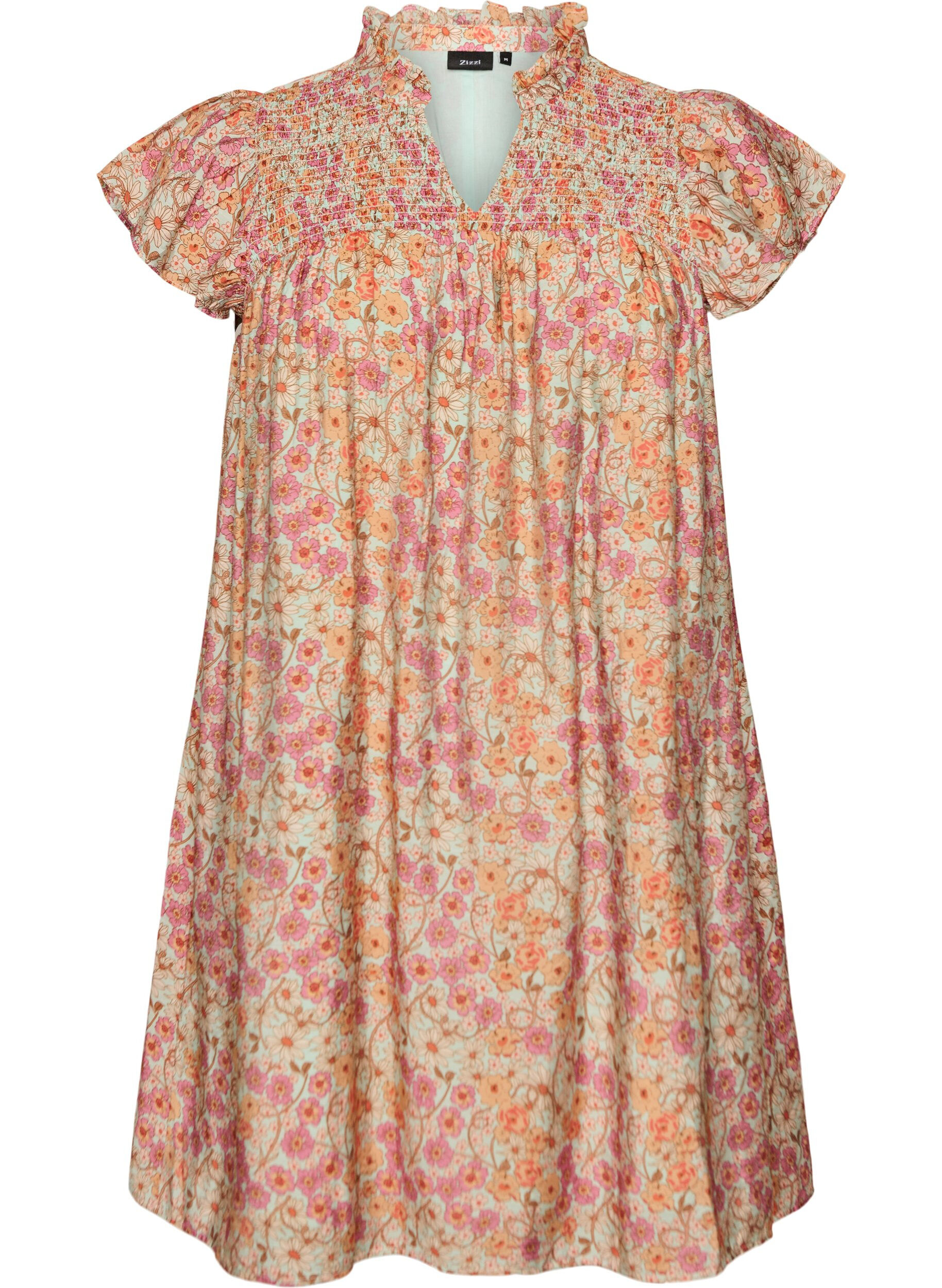 Zizzifashion Short viscose dress with smocking and floral print, Orange, Packshot image number 0