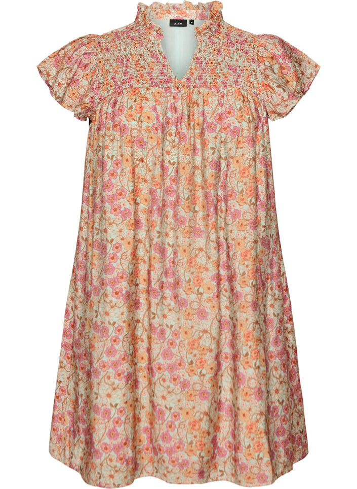 Short viscose dress with smocking and floral print, Orange, Packshot image number 0