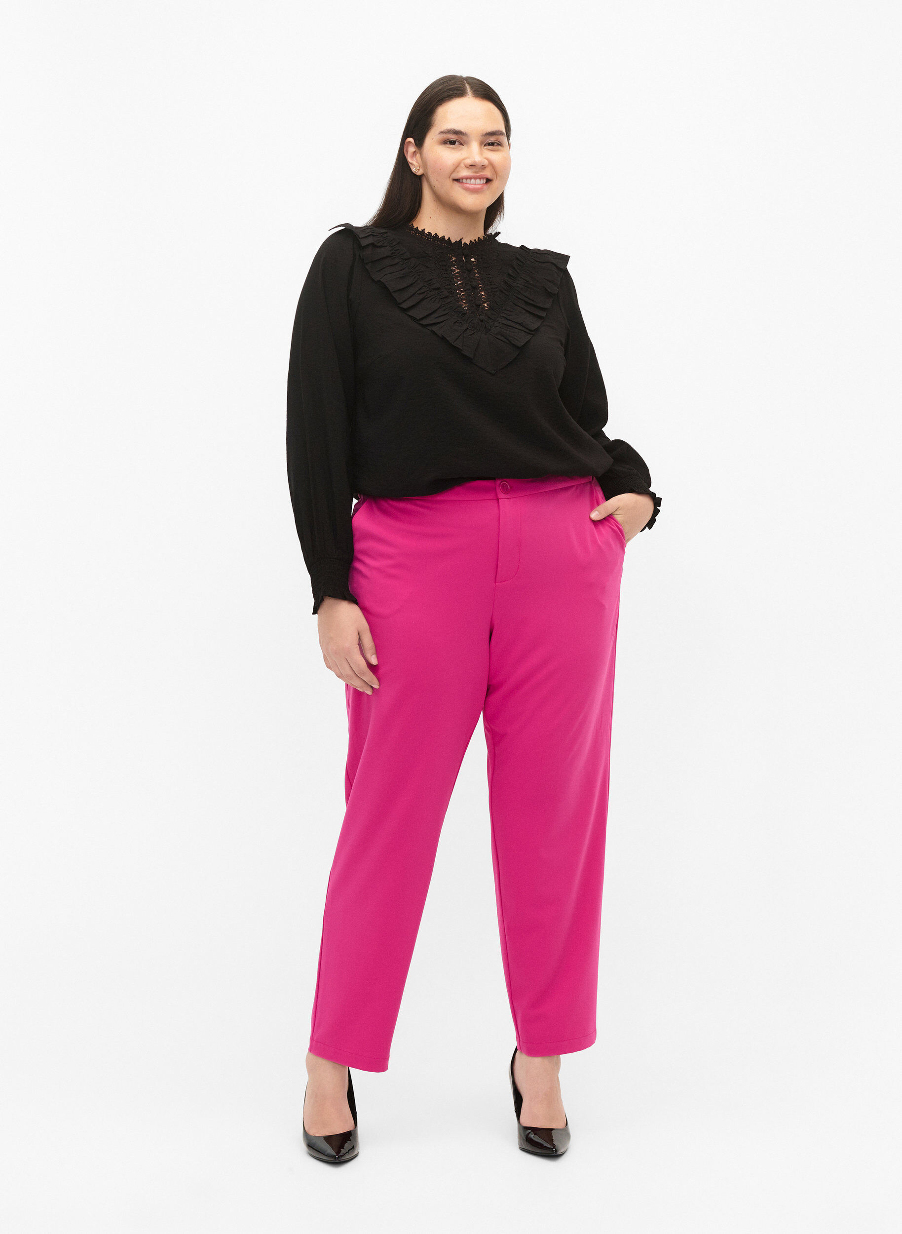 Zizzifashion Viscose blouse with ruffles and embroidery detail, Black, Model image number 2