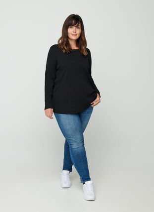 Long-sleeved ribbed blouse with a round neck, Black, Model image number 2