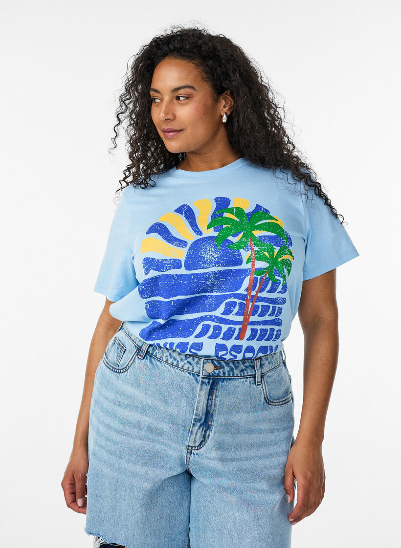 Cotton T-shirt with print, Blue, Model image number 0
