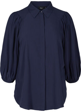 Viscose shirt with 3/4-length puff sleeves, Navy Blazer, Packshot image number 0