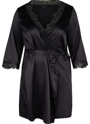 Dressing gown with lace, Black, Packshot image number 0