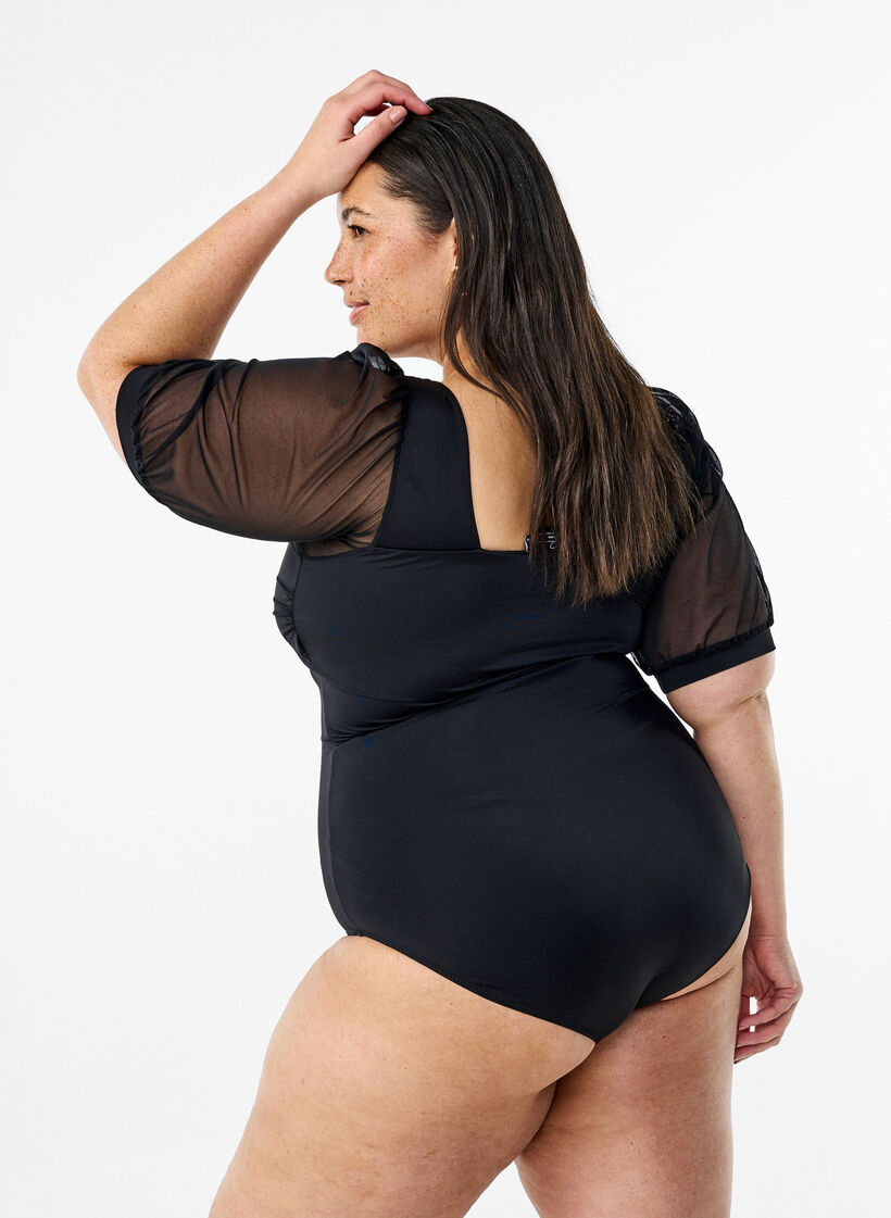 Swimsuit with short mesh sleeves, Black, Model image number 1