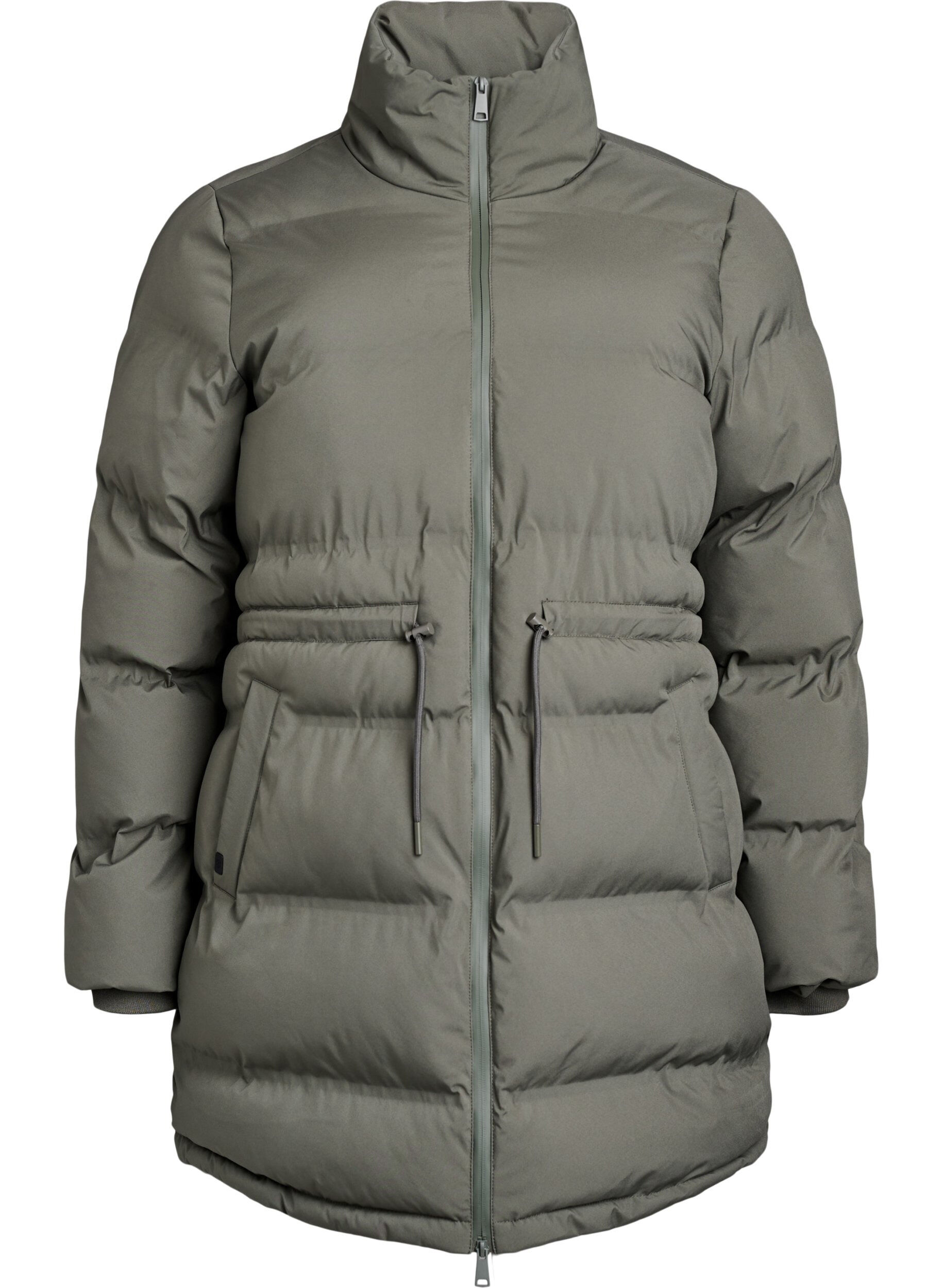 Mid-length puffer jacket with adjustable waist