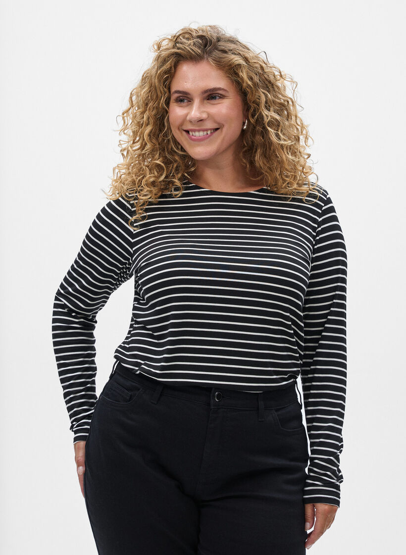 Long-sleeved striped Blouse, Black, Model image number 0
