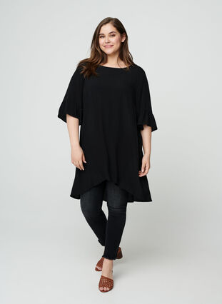 Viscose tunic with ruffled sleeves, Black Solid, Model image number 2