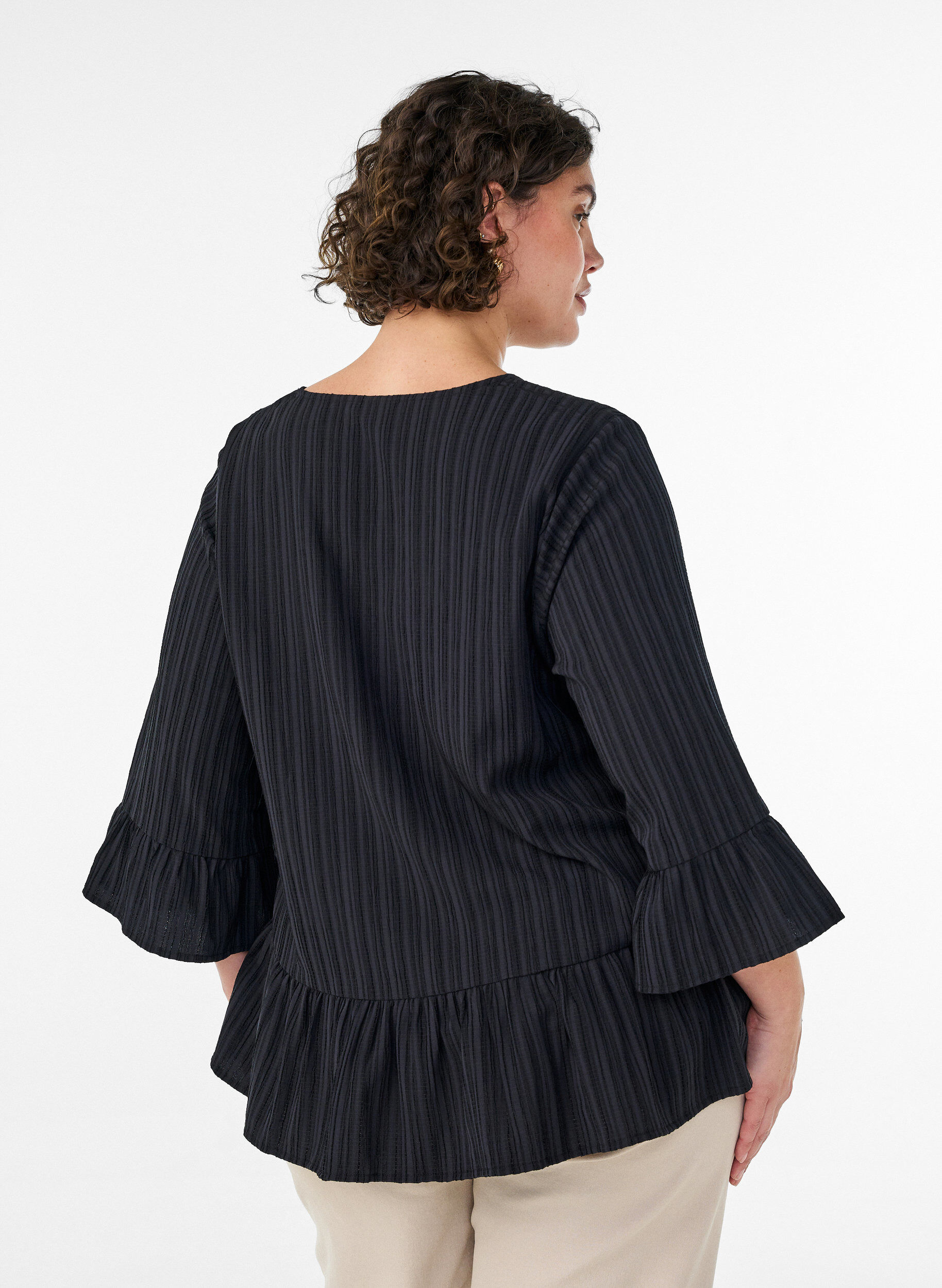 Zizzifashion Blouse with texture, V-neck and ruffles, Black, Model image number 2
