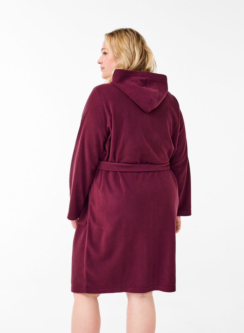 Morning robe with zipper and hood, Dark Bordeaux, Model image number 2