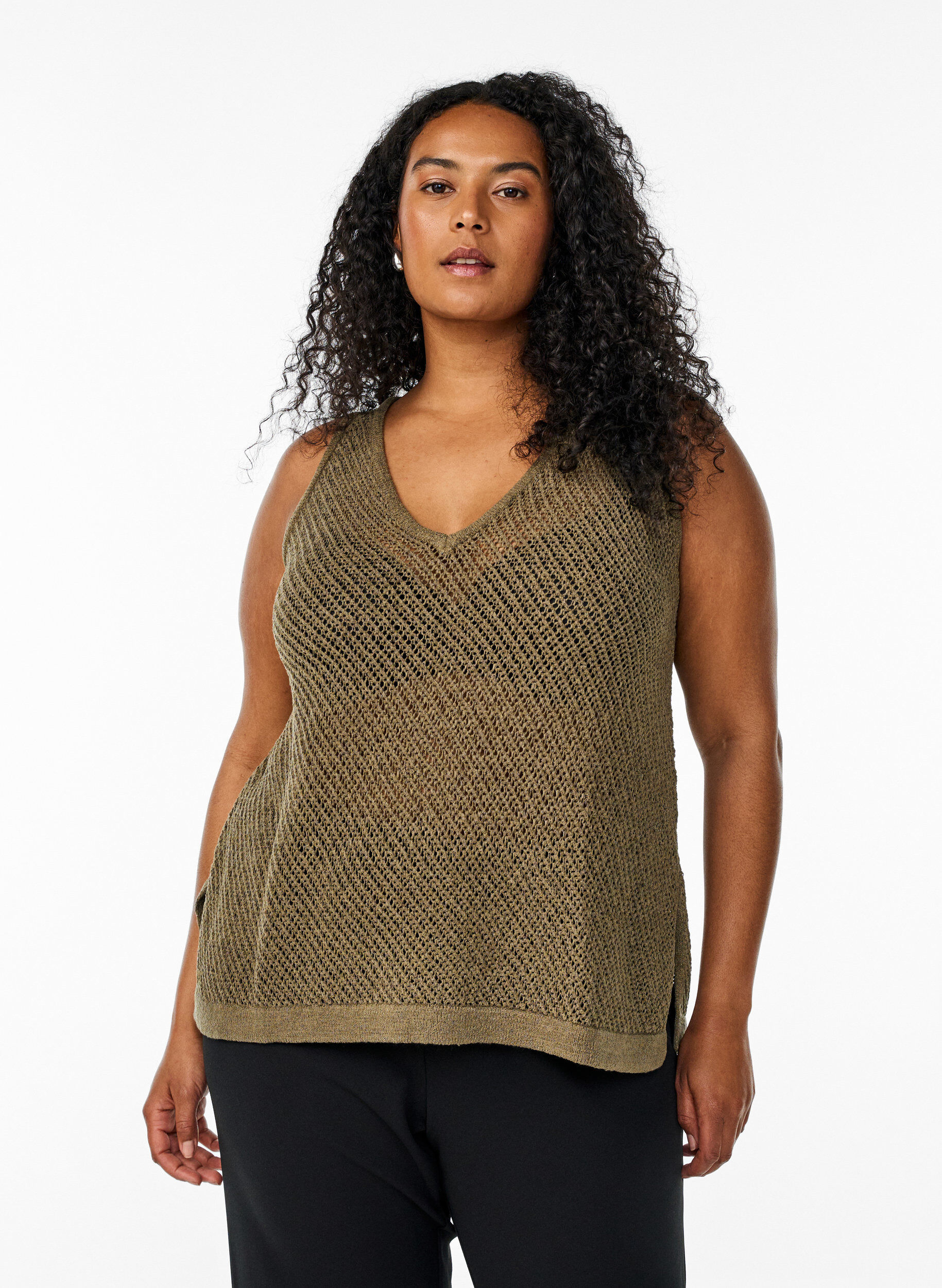 Zizzifashion FLASH - Sleeveless knitted top with v-neck, Green, Model image number 0