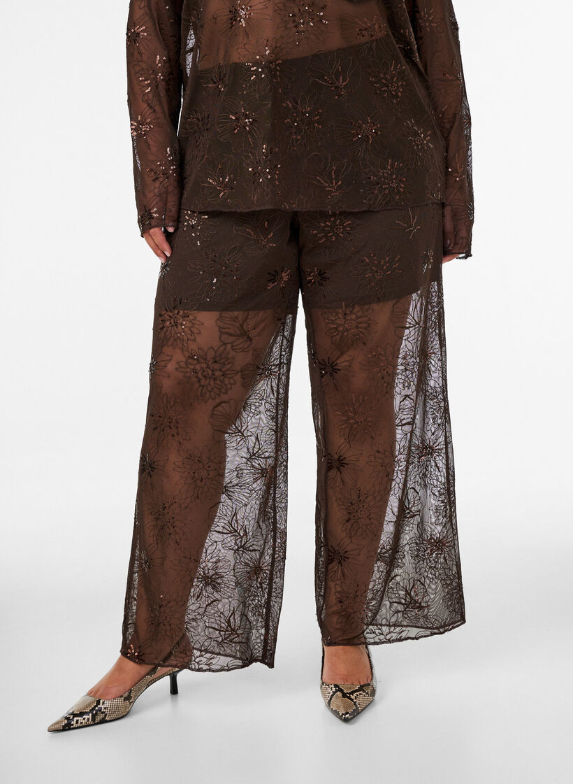Mesh trousers with floral embroidery and sequins, Brown, Model image number 2