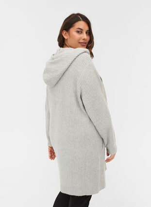 Long, hooded knit cardigan with zip, Light Grey Melange, Model image number 1