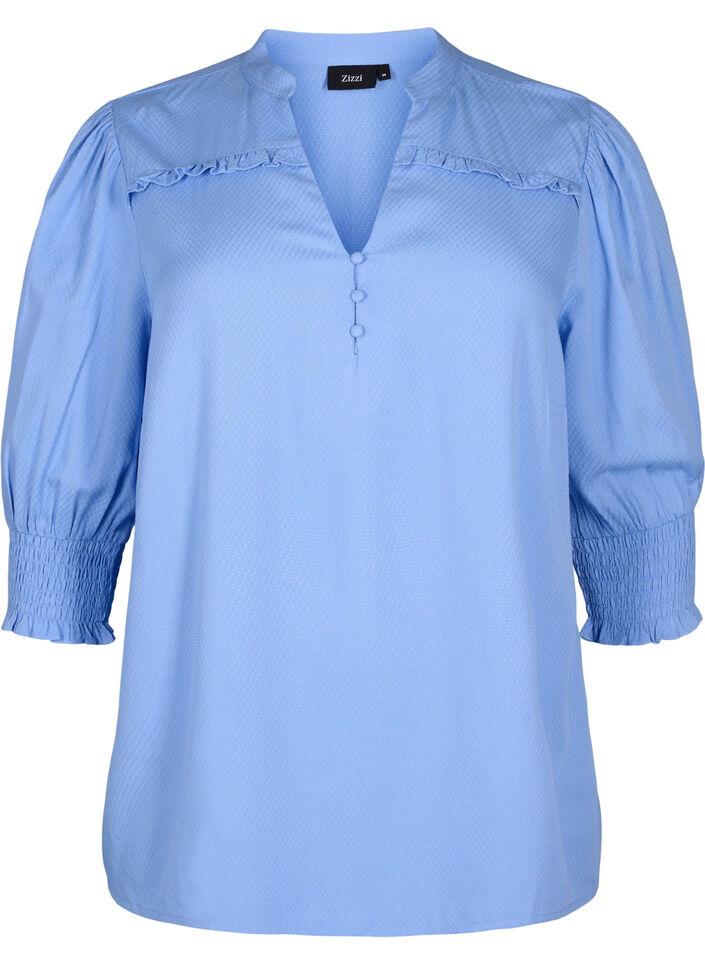 Viscose blouse with smock and ruffle detail, Cornflower Blue, Packshot image number 0