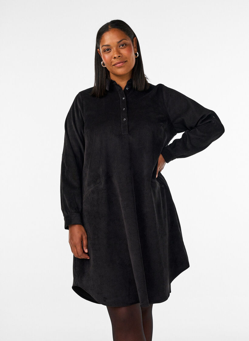 Corduroy shirt dress with collar and button fastening, Black, Model image number 0