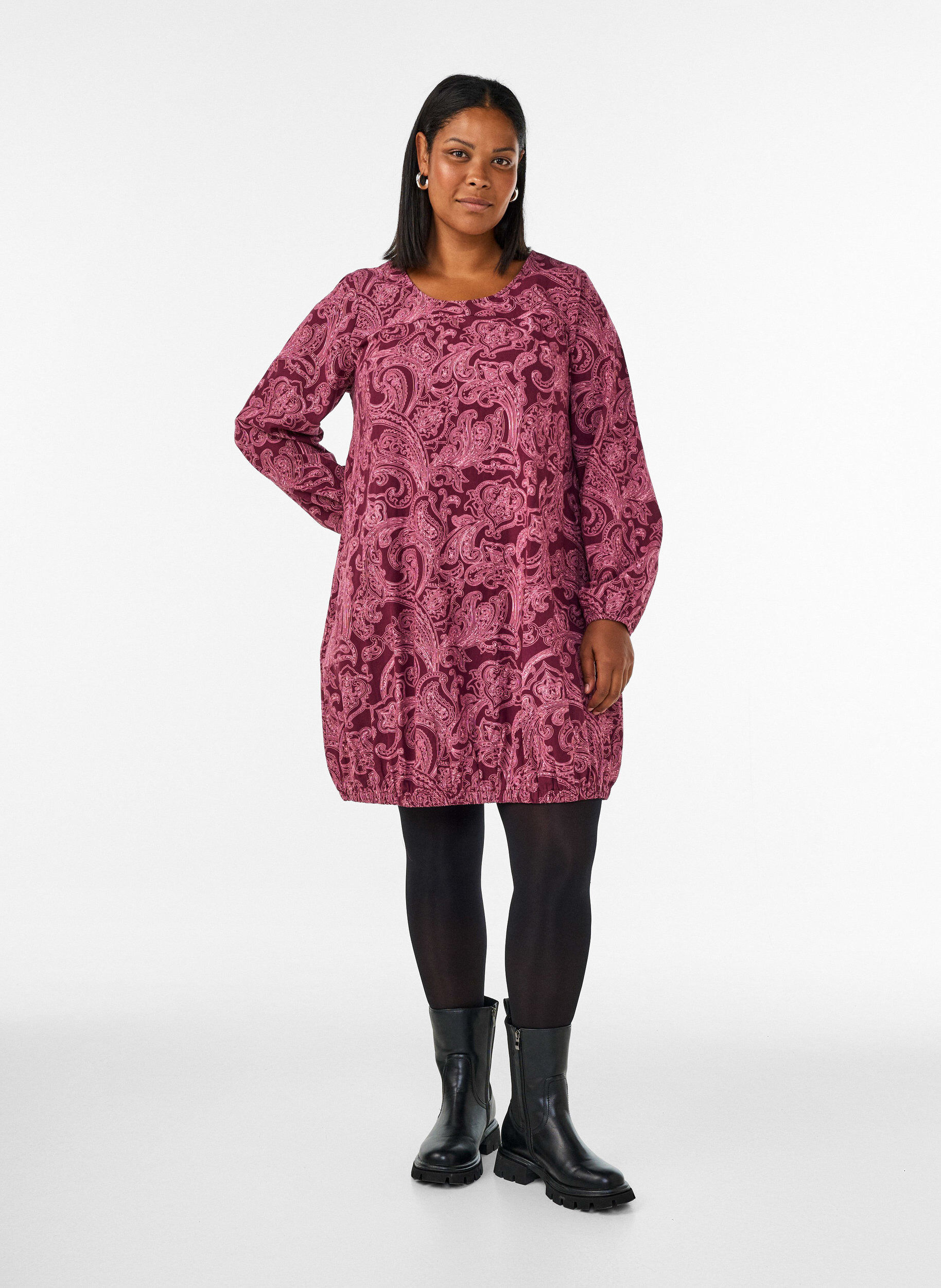 ZizzifashionShort cotton dress with an elasticated hem and long sleeves, Dark Bordeaux, Model image number 1