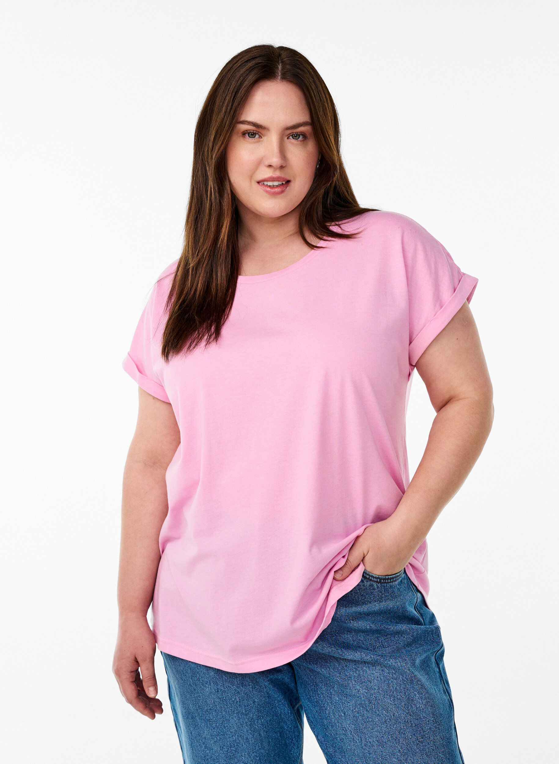Short sleeved cotton blend t-shirt, Pink, Model