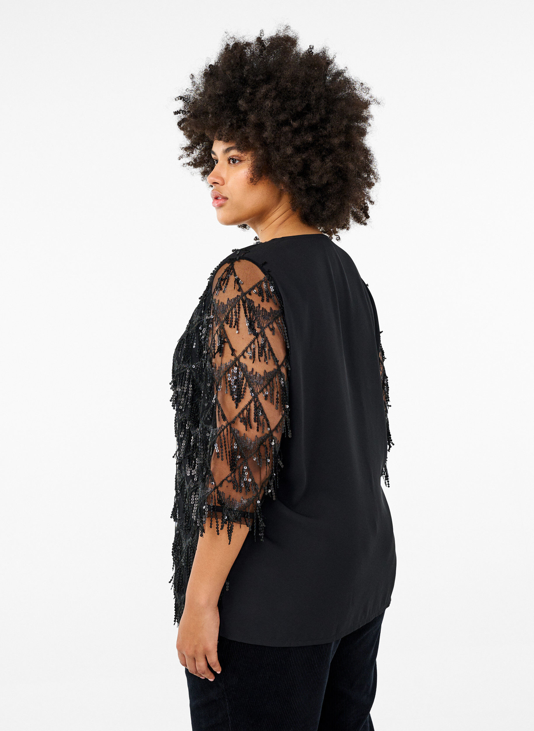 Zizzifashion Party blouse with sequin fringes and 3/4 sleeves, Black, Model image number 1