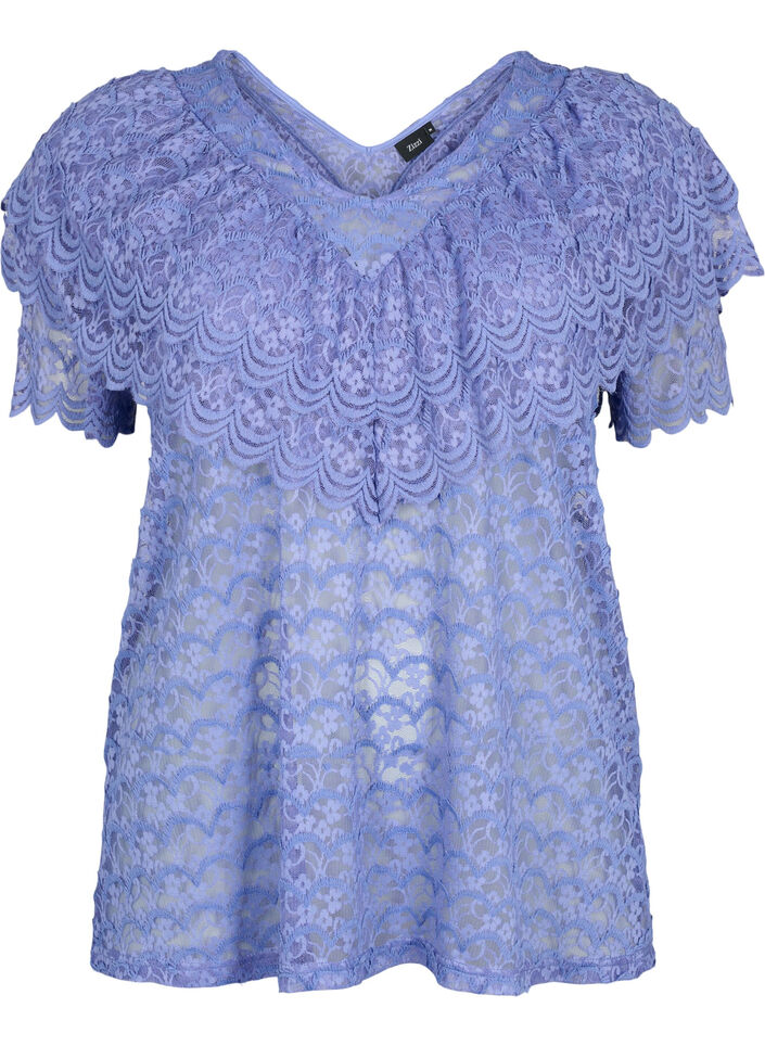 Short-sleeved blouse with frills, Purple, Packshot image number 0