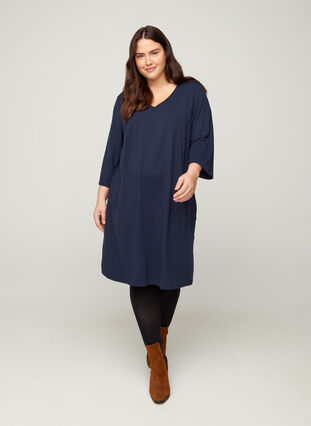 Dress with a V-neck and 3/4 length sleeves, Navy Blazer, Model image number 2