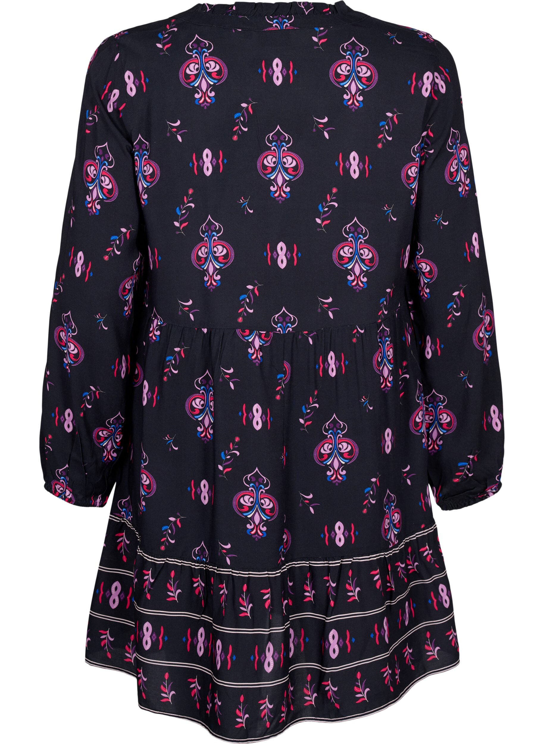 Zizzifashion Long sleeve viscose dress with print, Black Pink AOP, Packshot image number 1