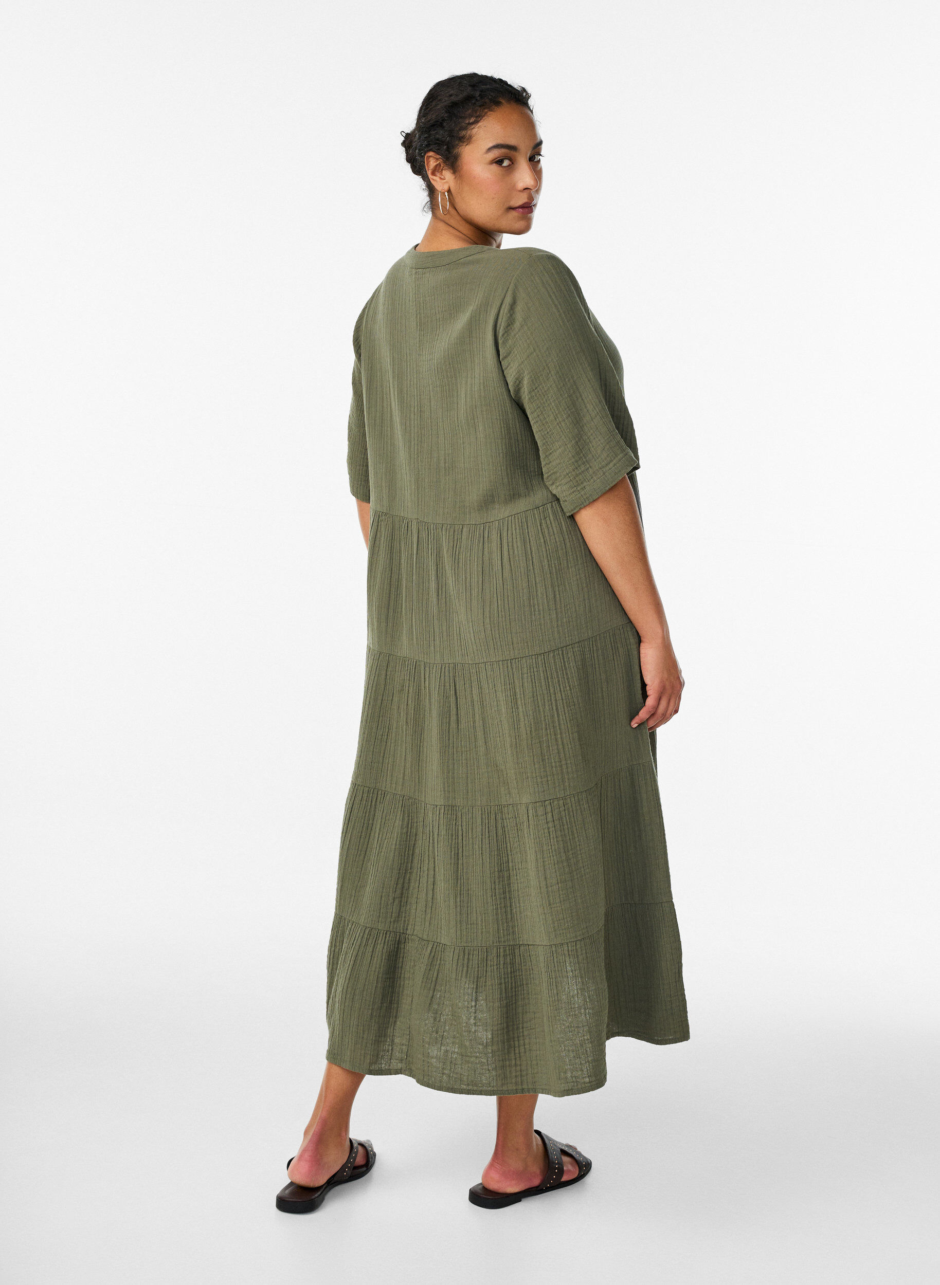 ZizzifashionA-line midi dress in cotton muslin, Green, Model image number 1
