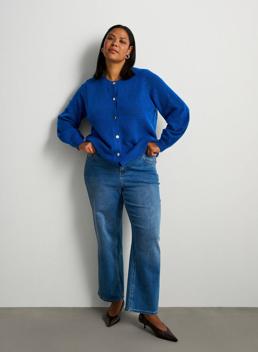 Cardigan in soft knit with gold-coloured buttons, Turquoise, Model image number 1