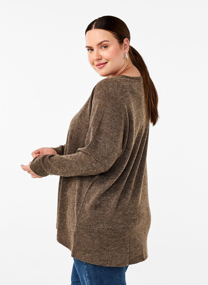 Melange blouse with round neck and long sleeves, Caribou, Model image number 1
