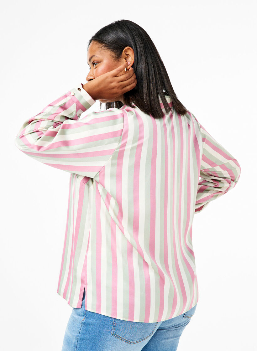 Striped satin shirt with collar, Rose Stripe, Model image number 1
