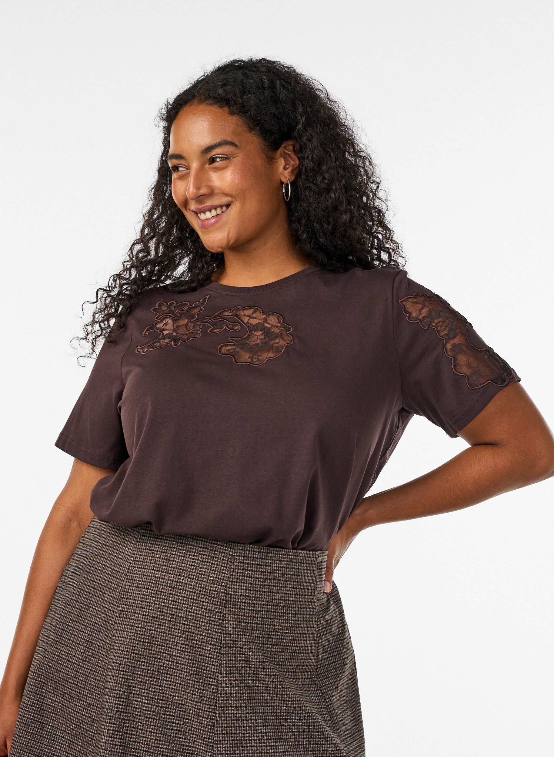 ZizzifashionCotton T-shirt with lace appliqu&eacute;s, Brown, Model image number 0