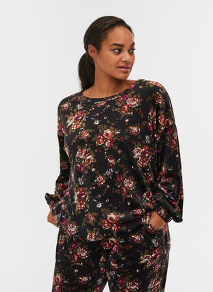 Floral, long sleeve velour blouse, Flower AOP, Model image number 0
