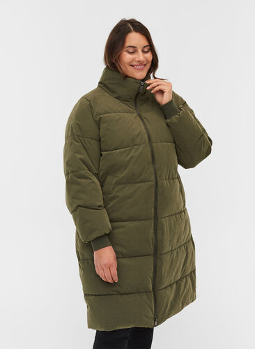 Long puffer jacket with zipper, Forest Night, Model image number 0