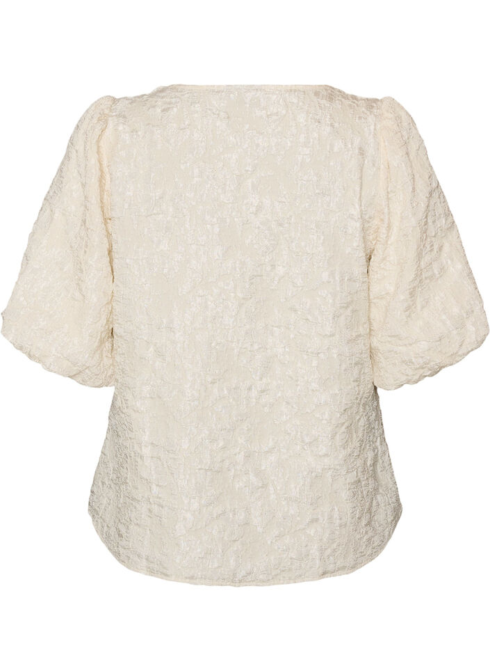 Jacquard blouse with puff sleeves and an A-line shape, Vanilla, Packshot image number 1
